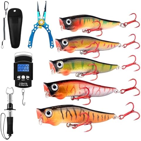 XBLACK Fishing Tool Kit Fishing Lures Set 2.67''/0.22oz 5PCS Popper Lures Cover