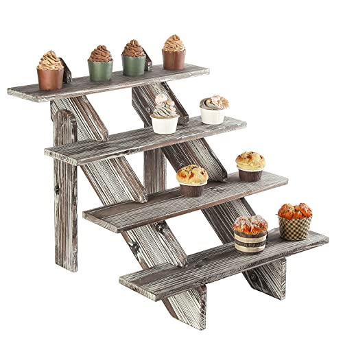 Mygift Rustic Torched Brown Wood Retail Display Riser, Cascading 4-Tier Decorative Merchandise And Cupcake Stair Stand #TOP5