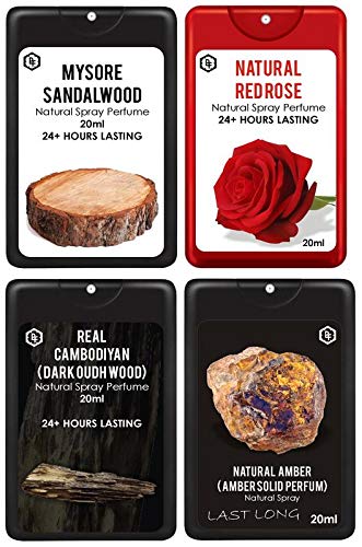 Parag Fragrances 4 IN 1 Comco Pack of Mysore Sandalwood, Natural Red Rose, Real Combodiyan Oud & Natural Amber Each 20ml Total 80ml Long Lasting Perfume