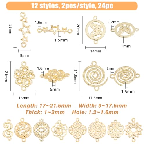 SUPERFINDINGS 24Pcs 12 Style Baroque Style Links Connectors Gold Double Hole Pendant Flower Flat Round Chinese Knot Connector Charms for DIY Jewelry Making hole: 1.2~2mm - Image 2