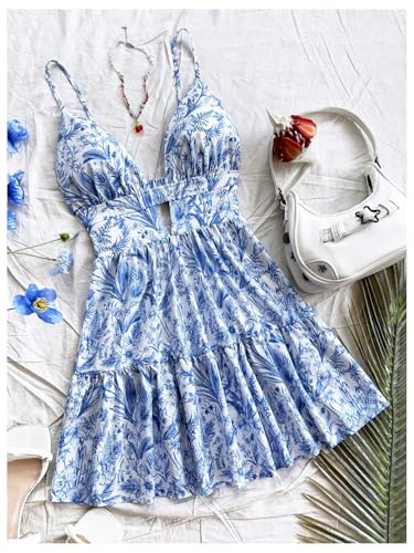 Image of Floerns Women's Sleeveless Butterfly Print Cut Out V Neck Tiered Mini Cami Dresses