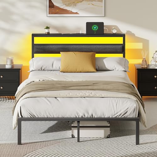 Image of OURPIC Full Size Bed Frame, Bed Frame Full with LED Lights and Charging Station Headboard, Metal Platform Bedframe and Dark Gray Storage Shelf, No Box Spring Needed, Noise Free
