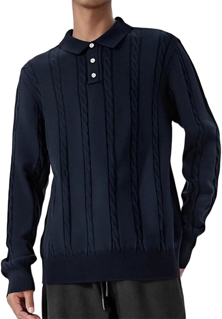 Men's Twisted Knitted Polo Sweater Classic Long Sleeve Loose Casual Pullover Sweater