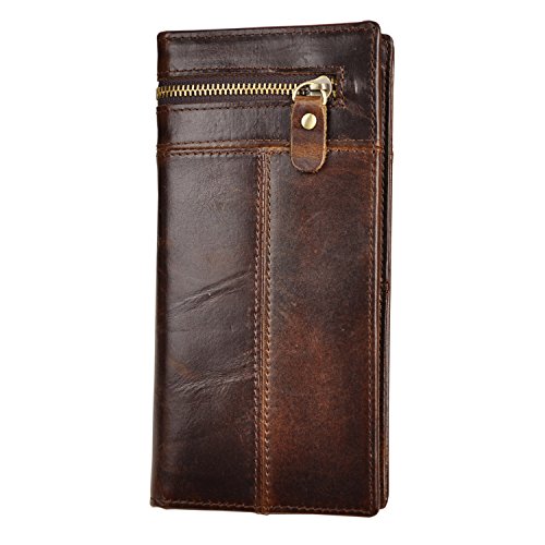 Le'aokuu Mens Genuine Leather Bifold Wallet Organizer Checkbook Card Case (M W1037 Coffee)