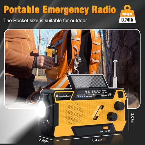 RunningSnail Emergency Crank Weather Radio: AM/FM/NOAA with 3 Built-in Cables - Hand Crank Radio, 2000mAh, Solar Charge, SOS Alarm, Flashlight for Outdoor Emergency