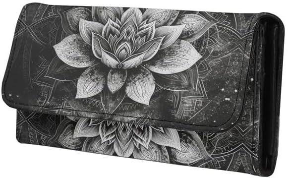 Jolamirel Lotus Mandala Women PU Leather Tri-fold Wallets Black And White Sketch Flower Zipper Pocket Buckle Money Manager Starry Sky Tall Billfold Secretary Cash Wallet