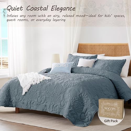 WDCOZY Coastal Beach Twin Size Quilt Bedding Sets, Blue Nautical Tropical Ocean Bedspread, Scallop Seashell Soft Coverlet, Lightweight Summer Thin Comforter for All Season — view 2