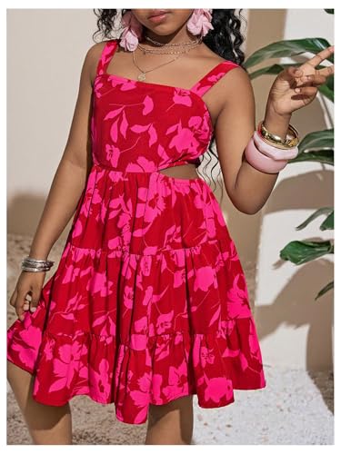 Girls Backless Bowknot Floral Flowy Dresses Tropical Vacation Sleeveless Layered Short Dress3