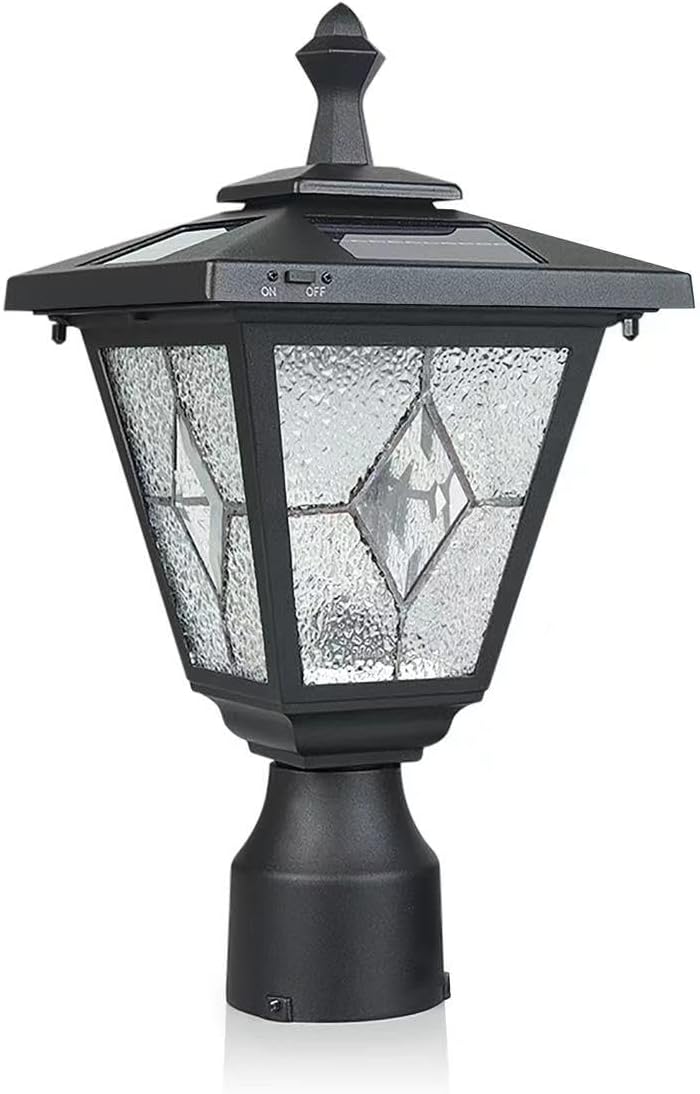 KP4326Q-A Solar Lamp Post Light, Outdoor Lighting, Aluminum LED Solar Pillar Light with Tiffany Glass for Gate Column, Driveway, Matte Black