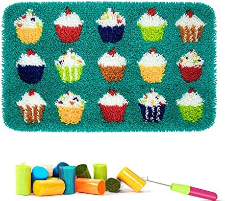 Myriad Choices Latch Hook Kits 62 X 40 cm, DIY Cup Cakes Rug Making Kits for Home Decor, Home Carpet Making Latch Hook Cushion Needlework Rug for Beginners Adults Kids (Cup Cakes)
