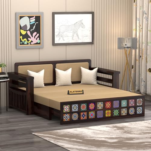 Image of Solid Sheesham Wood Sofa Cums Bed with Cushioned Seating & Handcrafted Tile Storage Front | Rosewood Convertible Sofa Bed for Living Room & Bedroom (Walnut)