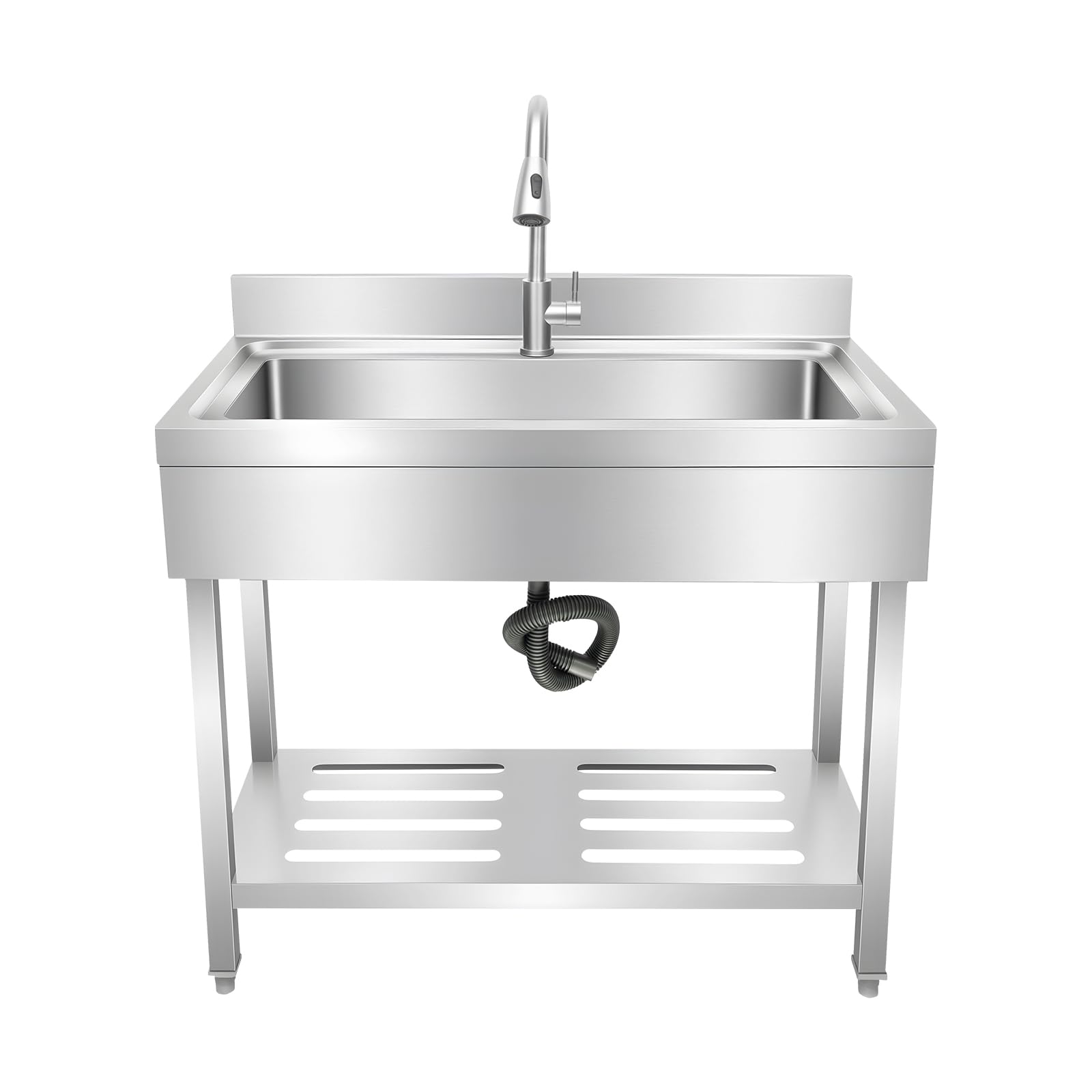 Condition photo showing New/Like New for stainless steel utility sink, freestanding single bowl laundry sink with 360° pull-out faucet, adjustable feet & storage shelf for kitchen laundry room farmhouse indoor and outdoor, 39" x 20" x 31.5"