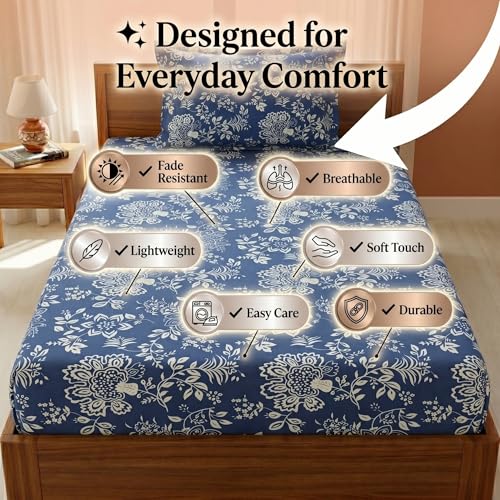 Image of Mafatlal 125 GSM Merino Single Size Bedsheet with Pillow Cover | 90 x 60 Inches | Soft, Breathable & Lightweight | Blue