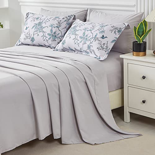 Yogeneg Botanical King Size Comforter Set Queen Size 7 Pcs Bed In A Bag,Aqua Green Leaves Floral Bird Printed On White Reversible Design,Soft Microfiber Bedding Complete Set For All Season(Aqua,King) #TOP3