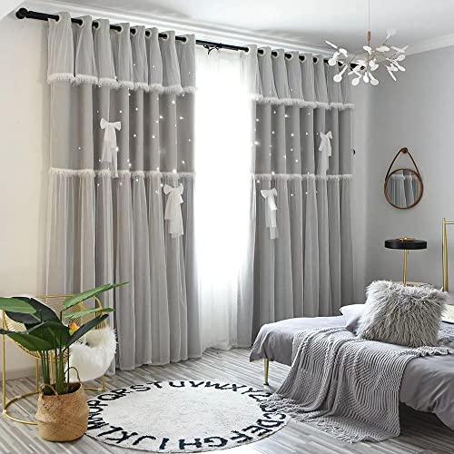 Bousilmia 2 Panels Stars Blackout Curtains With Lace Bow Tie For Girls Kids Baby Bedroom Hollow Out Double Layer Sparkle Star Cut Out Window Curtain Home Living Room Wall Decoration (Grey, 52" X 63") #TOP2