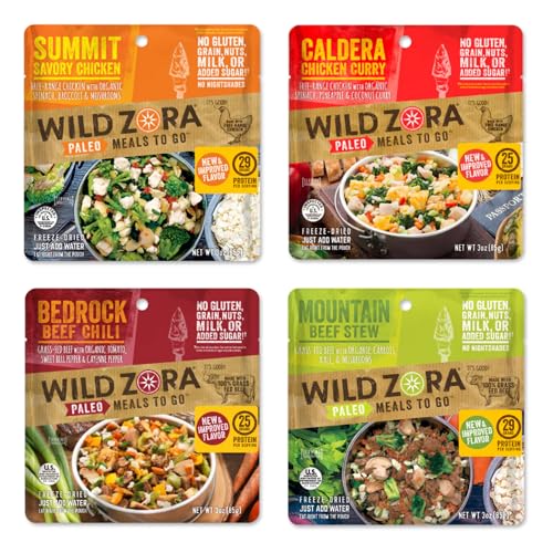 Image of Wild Zora Paleo Freeze Dried Meat Meals, 4 Pack, Gluten Free and Grain Free Camping and Backpacking Food, No Added Sugar, Healthy On-the-Go Travel Meal, Protein Packed (Meat 4-pack)