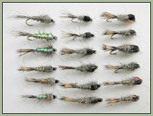 Hares ear Nymph Trout Fishing flies, 18 Pack Standard, Flash & Hotheads, 10/12