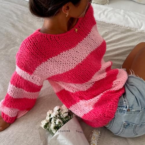 Image of Women Y2K Striped Sweater 90s Vintage Aesthetic Long Sleeve V-Neck Knit Pullover Jumper Loose Fall Sweatshirt