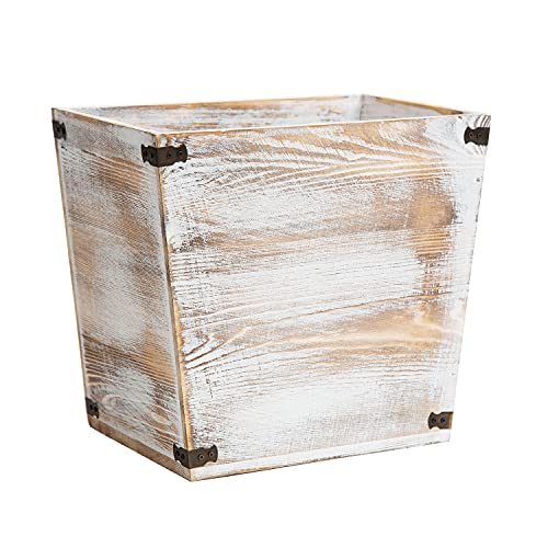 Grey Farmhouse Style Torched Wood Trash Can Waste Bin with Decorative Metal Brackets Trash Can for Bedroom,Living Room, Bathroom &amp; Office (Washed White)