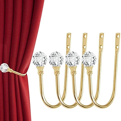 Curtain Holdback, 4Pcs Wall Mounted Drapery Tiebacks with Clear Crystal Ball, Heavy Duty Metal Decorative Window Drapery Curtain Holder Curtain Hooks with Screws, Sliver Cover