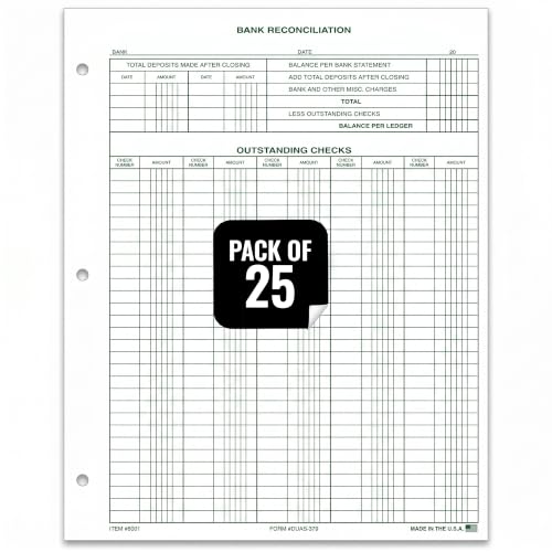 Bank Reconciliation Forms DUAS-379-8.5 x 11, 1-Part Ledger Paper, 25 Pack