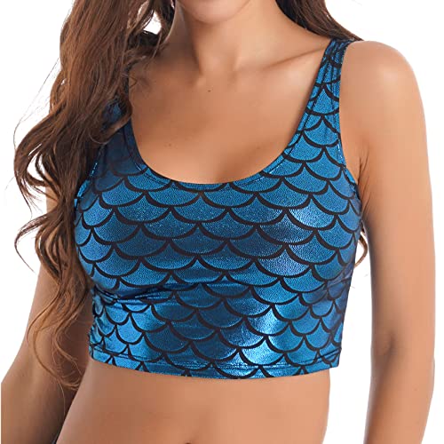 Women's Shiny Metallic Fish Scale Print Cropped Tank Top Vest Tops Festival Rave Outfits