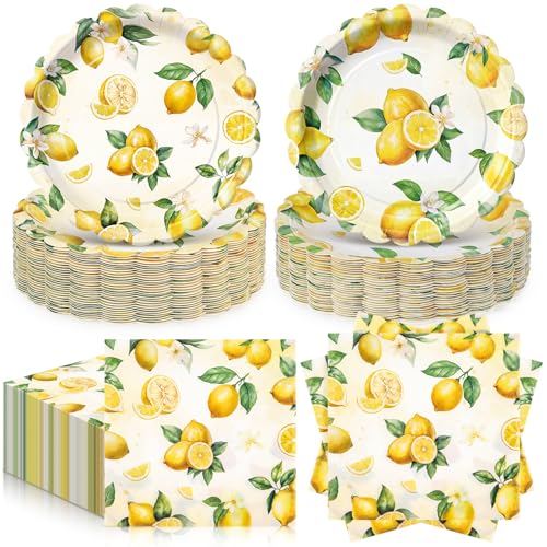 Havawish 96 Pcs Lemon Plates and Napkins for 48 Guests Yellow Lemons Tableware Including Disposable Dessert Plates and Napkins for Summer Fruit Baby Shower Bridal Shower Birthday Party Supplies