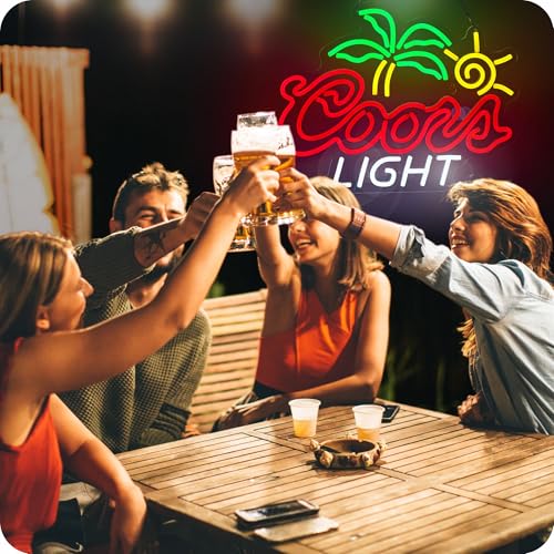 Image of Plam Tree Crs Light Neon Signs for Wall Decor Beer LED Lights for Man Cave Bar Signs with Dimmer for Bar Pub Restaurant Store Party Gift Led Art Wall Decor, 5V USB Powered , 17*13 Inch (Red green yellow)