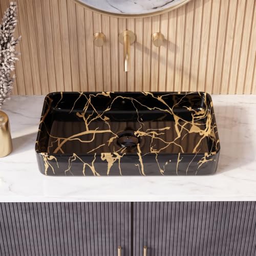Image of Marble Ceramic Tabletop Wash basin | Countertop Vessel Sink | Wash Basin over counter For Bathroom Hotel Home | Bathroom Sink (24 x 14 x 5 Inch) (Black Gold Jelly)