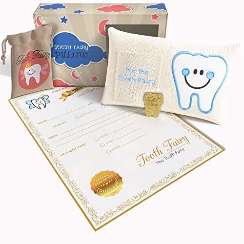 Tooth Fairy Pillow Kit| 5-piece Gift Set for Girl or Boy Includes Tooth Pillow with Pocket, Tooth Shaped Coin, Tooth Bag for Parents to Save Teeth, Official Letter Note, and Keepsake Box for Stowage