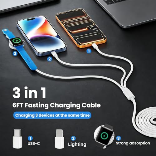 Image of Verilux 3 in 1 Multi Watch Charger Cable, 5.9Ft /1.8M Type C Cable for iPhone Magnetic Charging Cable for Watch, Type C to C /Lighting /Magnetic Pad for iPhone 17 /16 /15 /14, iWatch Ultra /SE Series 11 /10