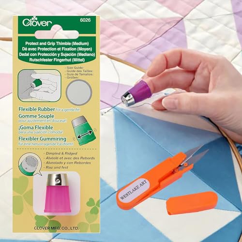 westlake art Protect Grip Thimble Medium, Bundle with Embroidery Scissors, Ergonomic, Breathable Metal Thimble for Hand Sewing, Thimbles for Hand Sewing, Quilting & Embroidery (Pack of 2)