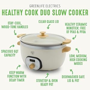 GreenLife 6 Quart Ceramic Slow Cooker, PFAS-Free, Programmable, Removable Healthy Nonstick Pot for Family Meals, Sear on Stovetop, Keep Warm, Digital Timer, Dishwasher Safe Glass Lid & Crock, Cream GreenLife 6 Quart Ceramic Slow Cooker PFAS Free Programmable Removable Healthy Nonstick Pot for Family Meals Sear on Stovetop Keep Warm Digital Timer Dishwasher Safe Glass Lid Crock Cream