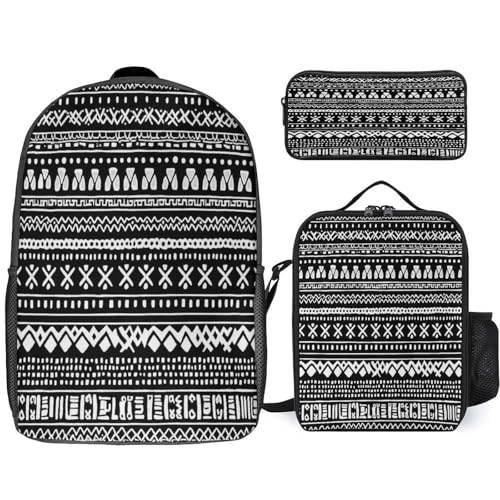 3 Pcs Set Waterproof Traditional Ethnic African Mudcloth Pattern Backpack with Lunch Box Pencil Pouch Set, Backpacks for Travel Accessories