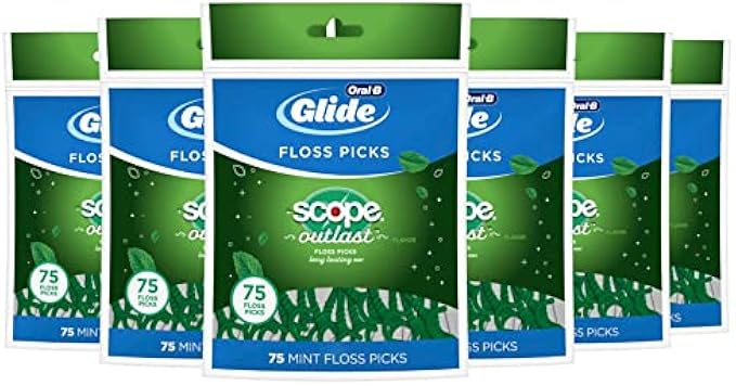Oral-B Complete Glide Dental Floss Picks Plus Scope Outlast, Long Lasting Mint, 75 Dental Floss Picks, Pack of 6