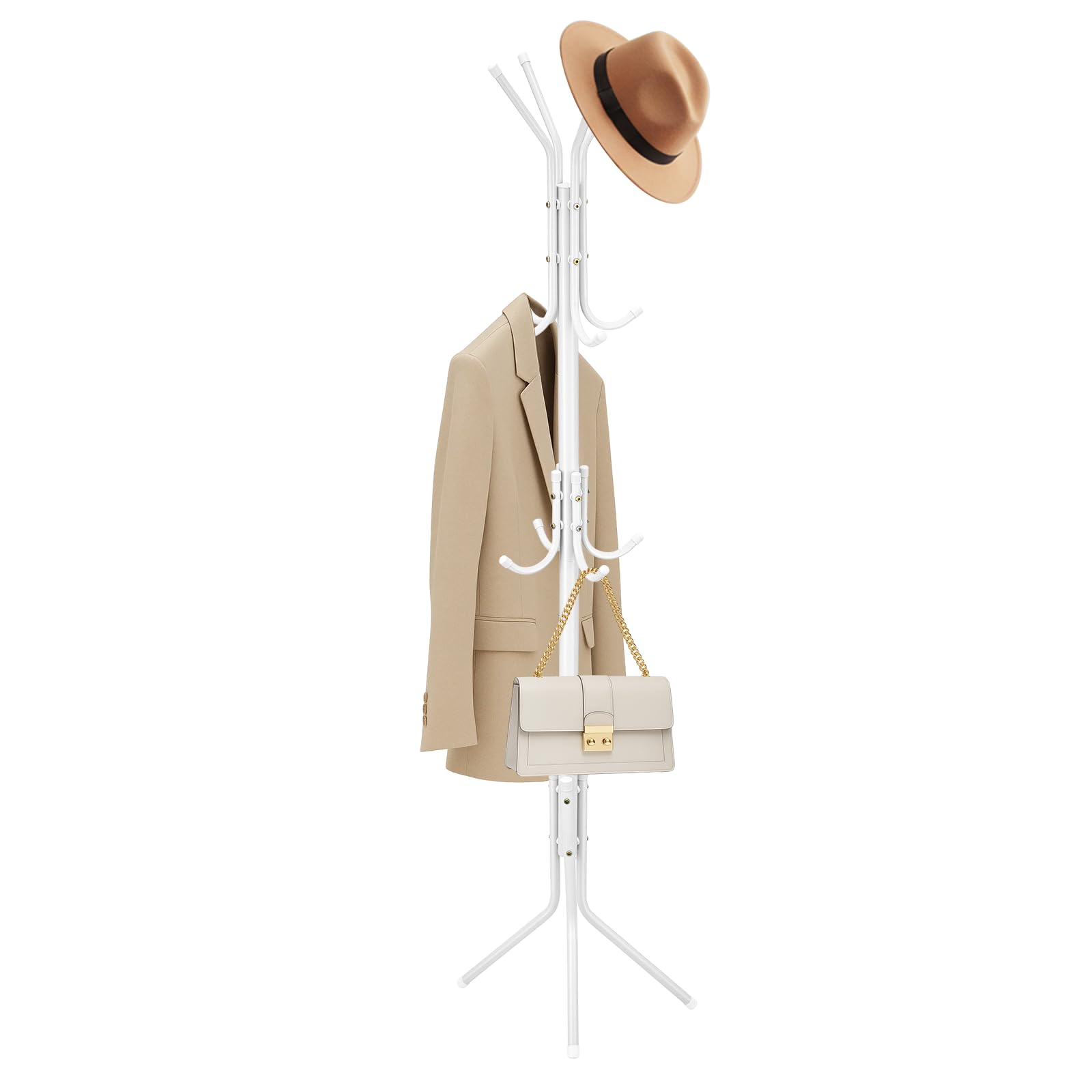 Coat Stand with 12 Hooks Clothes Rack 3 Tier Freestanding Metal Hanger coat rack stand Hat Handbag Jacket Umbrella Hanging Organiser for Homes Office Entryway Hallway White