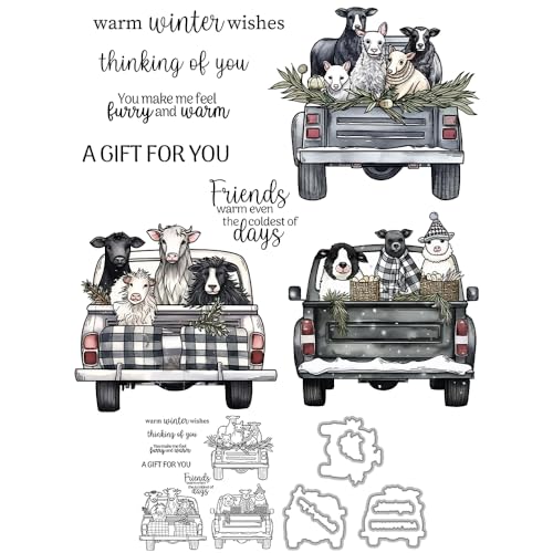 YIXUAN 2025 Winter Cute Animals in The Truck Clear Stamp and Metal Cutting Dies Set with Package Envelope Box for Card Making DIY Scrapbooking Supplies Silicone Stamps Knife Mold for Albums Crafts