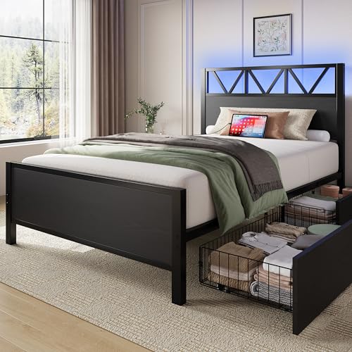 Image of LIKIMIO Twin XL Bed Frames with 2 Storage Drawers, Lights, Charging Station | Platform Twin XL Bed with Headboard and Footboard, Strong Metal Slats, No Box Spring Needed, Easy Assembly, Noise-Free, Black