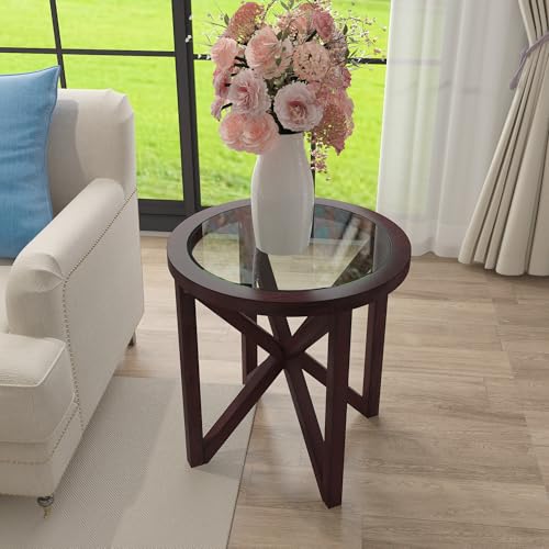 Fulocseny Round End Table Living Room Sofa Side Table Modern Simple Transparent Tempered Glass Top and Wood Base, Accent End Table, Cherry