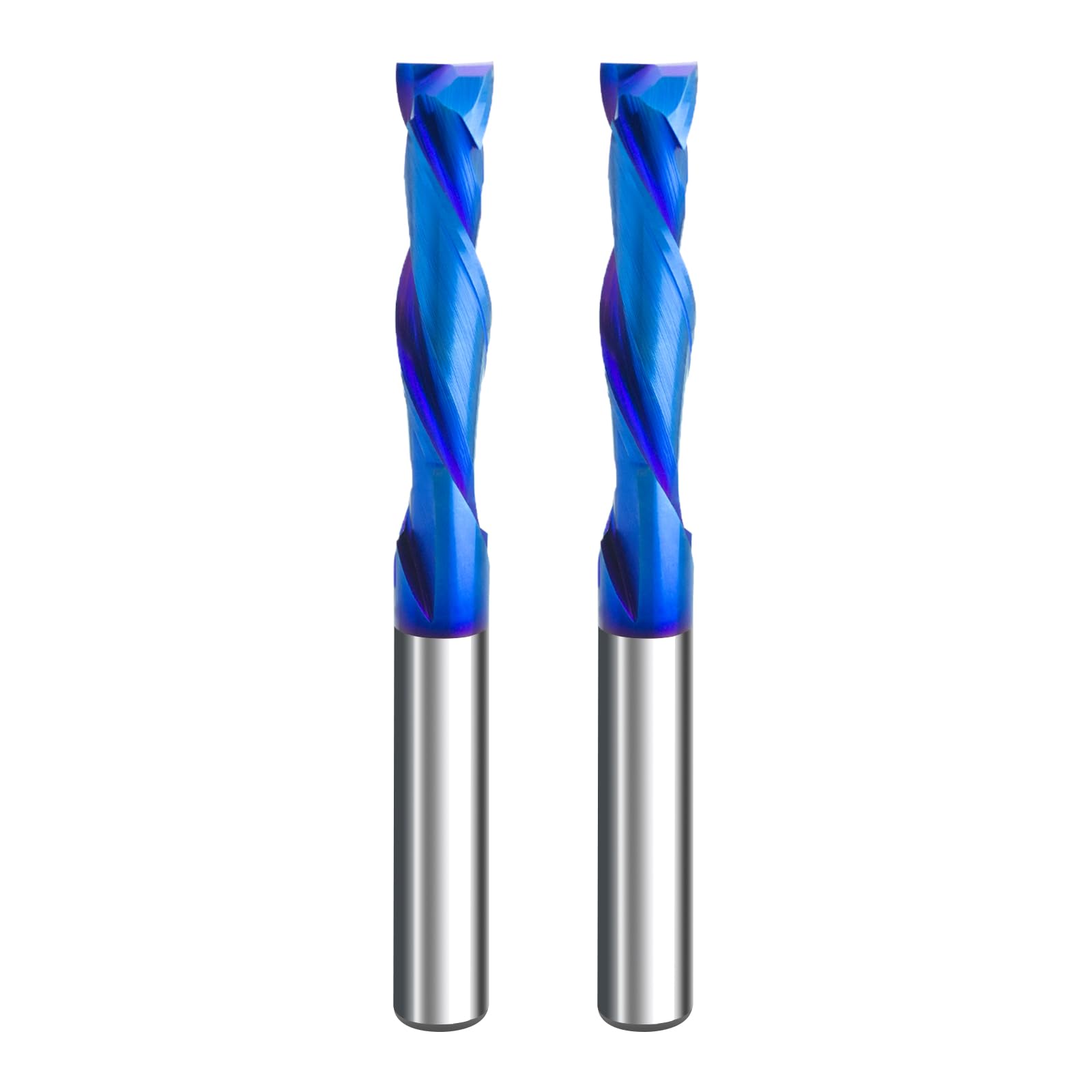MAODWIN 2PCS Solid Carbide Spiral Up-Down Cut Router Bit 1/4" Shank, 1/4" Cutting Diameter 2-1/2" OAL Compression End Mill with Nano Blue Coated CNC
