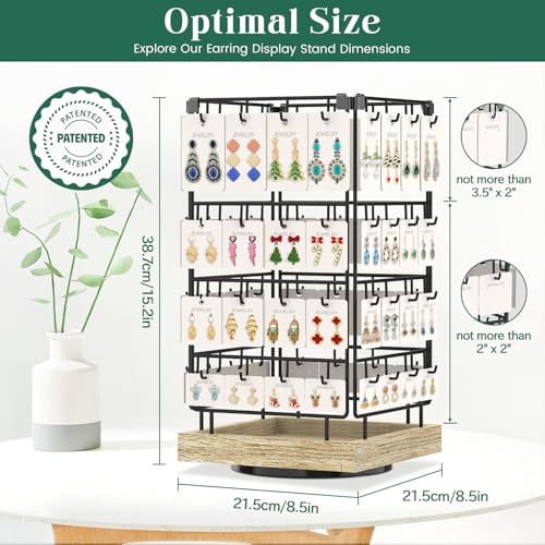 Image of EsLuker.ly Rotating Earring Display Holder Stand for Vendors Events Selling, Large Capacity 64 Hooks Jewelry Rack with Wooden Base for Earring Card Sales, Enhances Retail Display Visibility