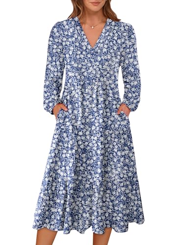 ANRABESS Women's Long Lantern Sleeve Floral Midi Dresses 2025 Fall V Neck Casual Flowy A-line Tiered Boho Vacation Long Dress Floral Blue Large