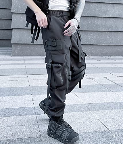 MOKEWEN Men's Streetwear Straps Harem Punk Cargo Ninth Pants with Big Multi Pockets Elastic Waist4
