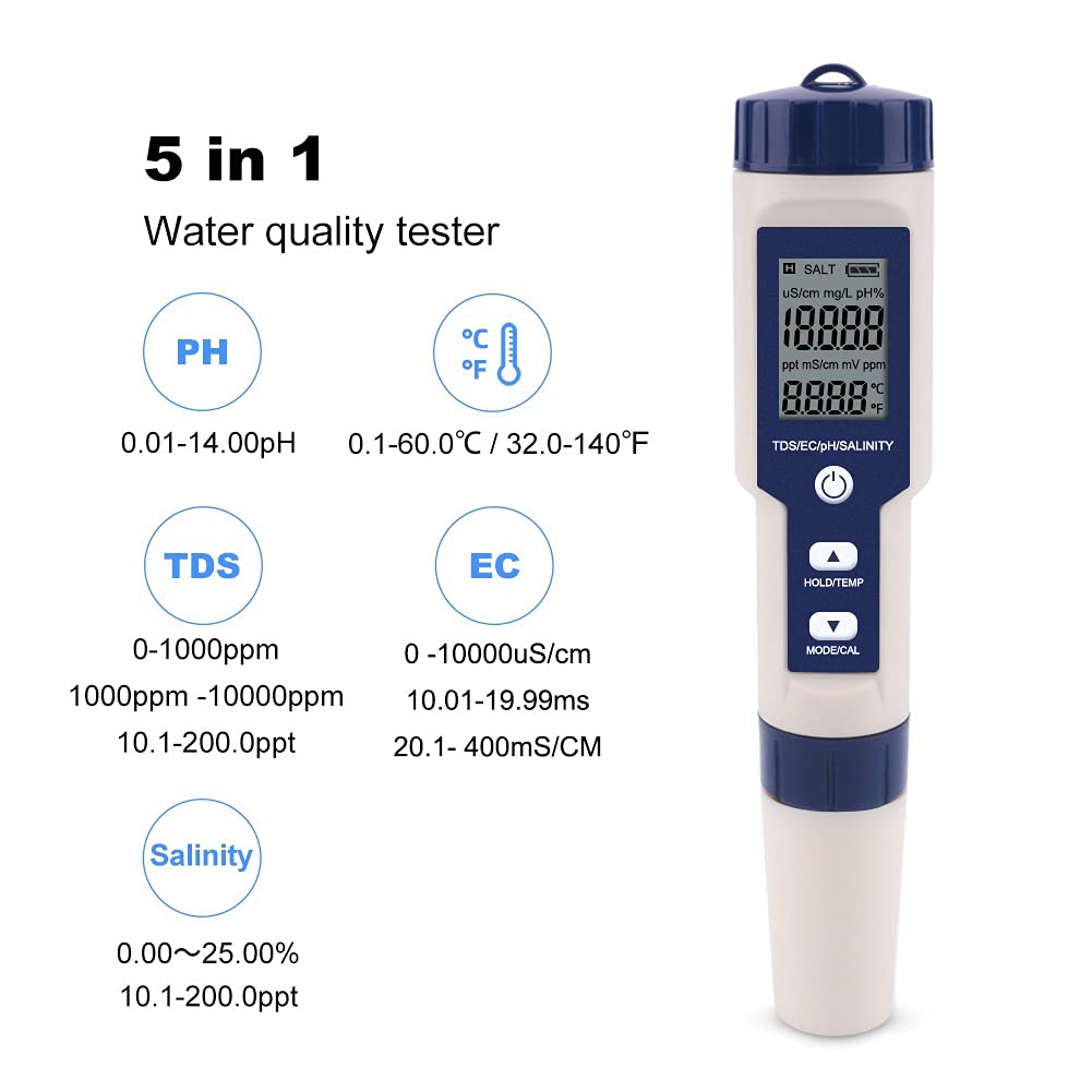 Testeur Numérique 5 en 1 TDS/EC/PH/Salinité/Température de L'eau Pour Hydroponie/Aquarium/Piscine/Eau Potable DH12