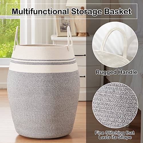 Oiahomy Laundry Hamper Woven Rope Large Clothes Hamper 25.6" Height Modern Curve Basket With Extended Handles For Storage Clothes Toys In Bedroom, Bathroom, Foldable (White & Light Grey) #TOP3