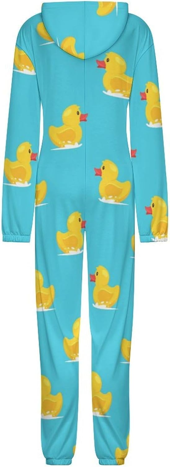Yellow Rubber Duck Adult Pajamas Onesie with Hood Pocket Jumpsuits One Piece Sleepwear