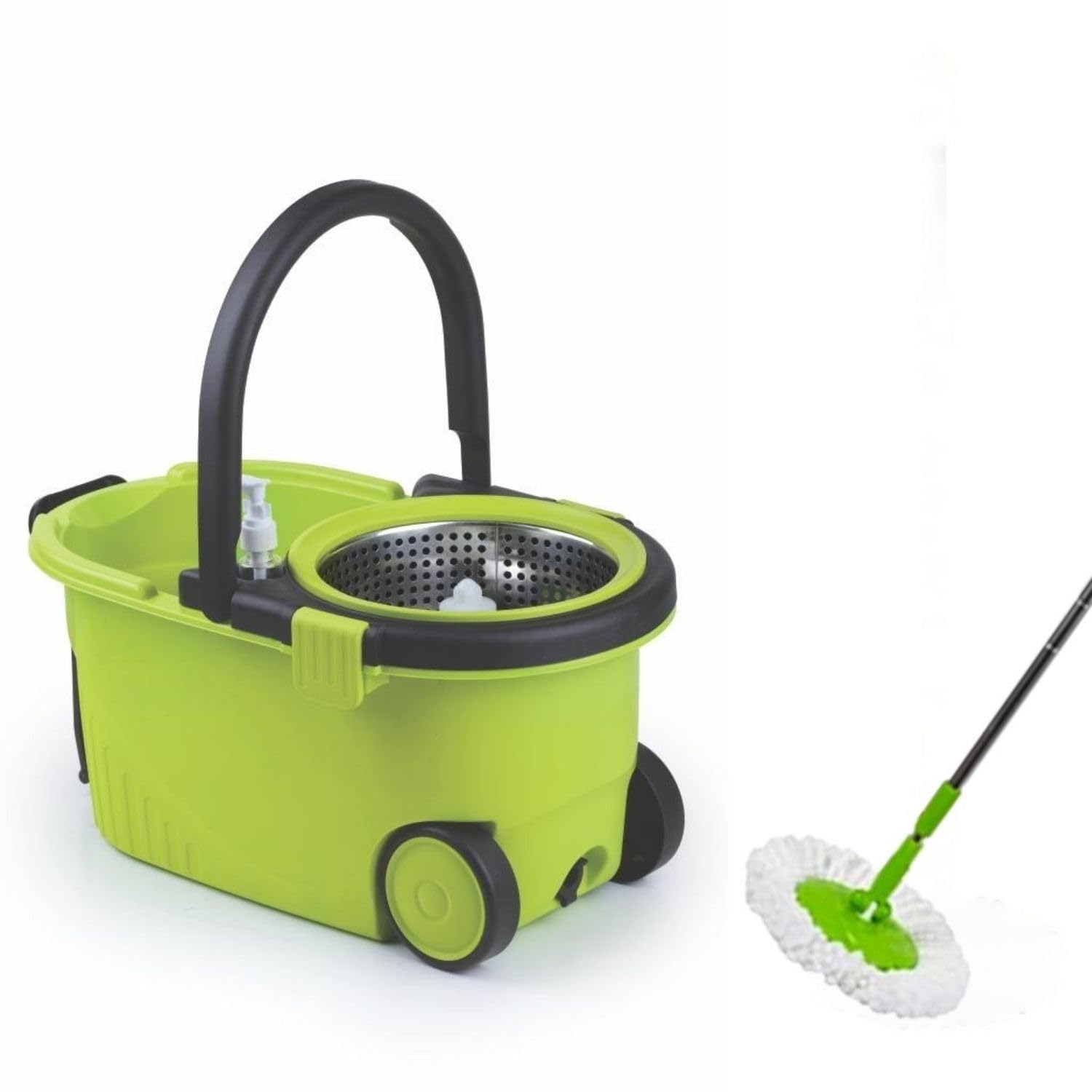 Amiraj Velocity Stainless Steel Wringer Spin Mop with Big Wheels | Puller Handle, Bucket Floor Cleaning Mop with 2 Microfiber Refills | 360° Rotating Mop & Adjustable Handle for Easy Maneuverability