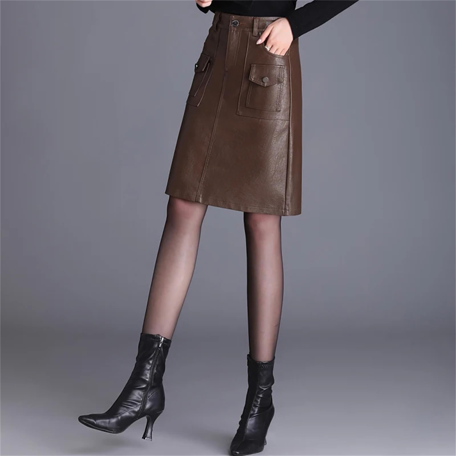 Falda corta de piel sintética para mujer, elegante falda corta de invierno de cintura alta