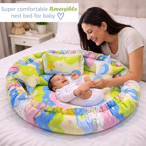Image of Fareto Combo of Baby Nest | Net with Bed | Carry Bag | 4 Pcs Bedding Set(0-6 Months) (Fullset Nest) (New Star Blue)