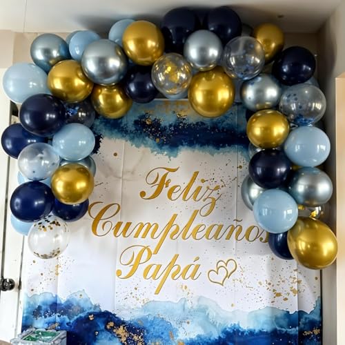 Image of Blue and Gold Balloons, 60Pcs 12Inch Navy Pearl Party Balloons With Metallic Helium Balloon Confetti Latex Set for Boys Birthday Baby Shower Christening Decorations